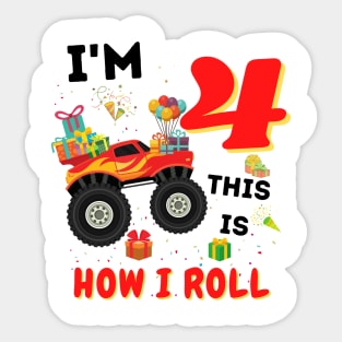 I'm 4 This Is How I Roll, 4 Year Old Boy Or Girl Monster Truck Gift Sticker